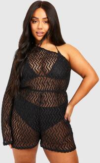 Plus Jersey Gebreide Eén-Schouder Strandromper, Black - 56