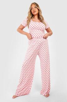 Plus Jersey Hartjes Print Pyjama Set Met Top En Broek, Pink - 44