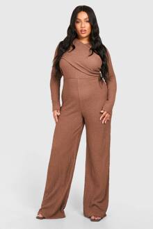 Plus Jumpsuit Met Getextureerde Wikkel-Detail En Lange Mouwen, Camel - 50