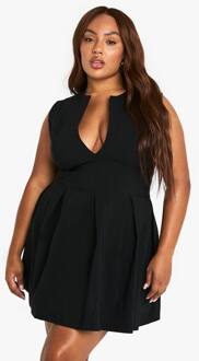 Plus Jurk Met Corsetdetail, Diepe V-Hals En Geplooide Zoom, Black - 52