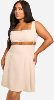 Plus Jurk Met Riem, Vierkante Hals En Gesp - Mini Jurk, Stone - 44
