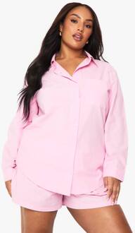 Plus Katoen Poplin Overhemd Met Lange Mouwen, Pink - 56