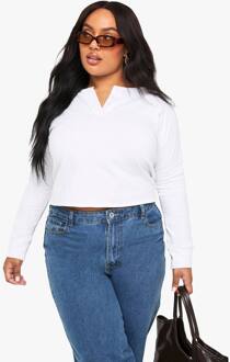 Plus Katoenen Henley Met Knoopsluiting Boxy Top, White - 56