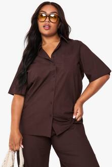 Plus Katoenen Popeline Overhemd Met Korte Mouwen, Chocolate - 54