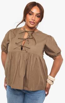 Plus Katoenen Popeline Smocktop Met Strikdetail Aan De Voorkant, Khaki - 44