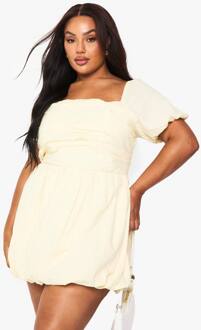 Plus Katoenen Poplin Jurkje Met Korte Mouwen En Puffbal Zoom, Lemon - 50