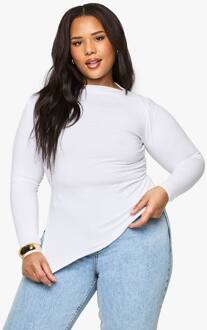 Plus Katoenen Top Met Geruched Zij, Asymmetrische Zoom En Lange Mouwen, White - 52