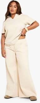 Plus Katoenen Twill Broek Met Trekkoord-Taille En Wijde Pijpen, Ecru - 50