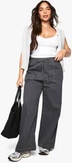 Plus Katoenen Twill Broek Met Trekkortaille En Wijde Pijpen, Charcoal - 46