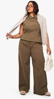 Plus Katoenen Twill Broek Met Wijde Pijpen, Khaki - 48