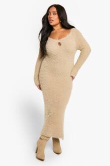 Plus Keyhole Gebreide Maxi Jurk, Beige - 48-50