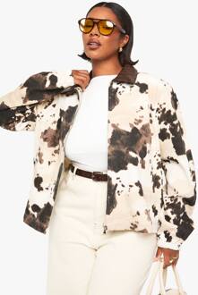Plus Koeienprint Met Kraag En Ritssluiting Denimjasje, Brown - 44
