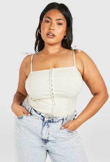 Plus Korset Top Met Haak-En-Oog Sluiting En Gebonden Schouderbandjes, Pebble - 50