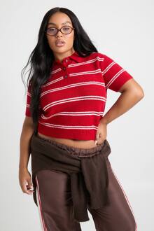 Plus Kraag Detail Gestreepte Gebreide Top, Red - 46