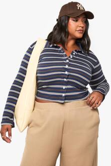 Plus Kraag Met Knopen, Gestreept, Lange Mouw Top, Navy - 44