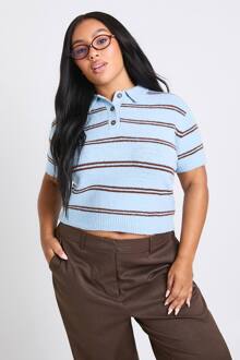 Plus Kraagdetail Gestreepte Gebreide Top, Blue - 46