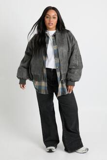 Plus Kunstbont Leren Bomberjack, Grey - 56