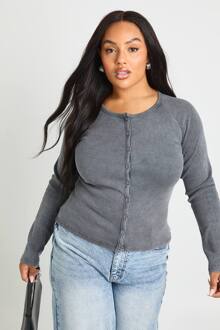 Plus Lange Mouwen Button-Down Acid Wash Top, Charcoal - 56