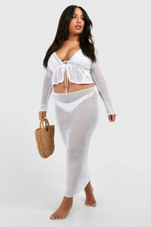 Plus Lange Mouwen Tie-Top En Rok Strandcoörd, White - 52
