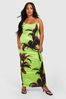Plus Large Scale Floral Slinky Cowl Neck Maxi Dress, Lime - 18
