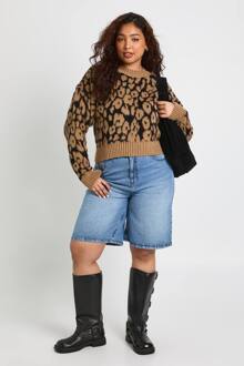 Plus Leopard Geribbelde Ronde Hals Trui, Leopard - 48