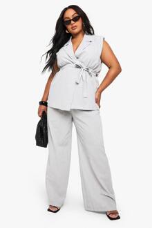 Plus Linen Look Broek Met Elastische Tailleband, Grey Marl - 48