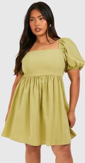 Plus Linen Look Puff Mouw Mini Smock Jurk, Lime - 46