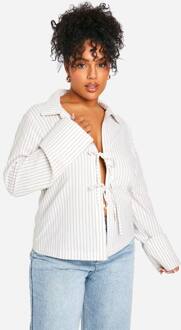 Plus Linen Look Stripe Tie Front Shirt, Stone - 44