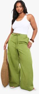 Plus Linnen Broek Met Trekkoord En Wijde Pijpen, Olive - 44