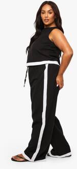 Plus Linnen Contrast Broek Met Wijde Pijpen, Black - 50