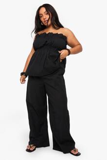 Plus Linnen-Look Longline Bandeau En Wijde Pijpbroek Co-Ord, Black - 56