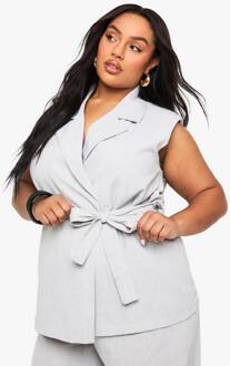 Plus Linnen-Look Mouwloze Blazer Met Ceintuur, Grey Marl - 46