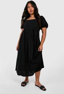 Plus Linnen Look Puff Mouw Midaxi Smock Jurk, Black - 56