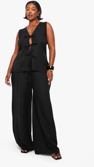 Plus Linnen-Look Top Met Strikknoop Aan De Voorkant En Wijde Pijp Broek Co-Ord, Black - 56