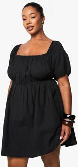 Plus Linnen Mini-Jurk In Smock-Stijl Met Pofmouwen En Een Bandje Op De Rug, Black - 48