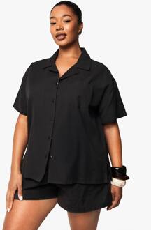 Plus Linnenlook Overhemd Met Korte Mouwen En Co-Ord Met Elastische Taille, Black - 54