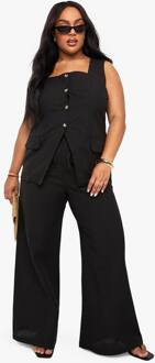 Plus Linnenlook Tank Met Vierkante Hals En Op Maat Gemaakte Broek Met Wijde Pijpen Co-Ord, Black - 54