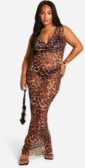 Plus Luipaard Mesh Cowl Neck Maxi Jurk, Leopard - 46