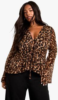 Plus Luipaard Stropdas Blouse Met Ruches Aan De Voorkant, Brown - 44