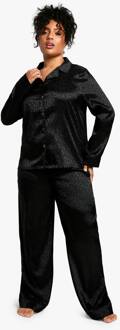 Plus Luipaardstreep Satijn Pyjama Overhemd Set, Black - 46