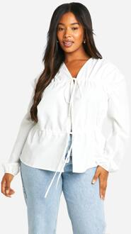 Plus Maat: Smock Top Met Strikkelknoop En Geplooide Details, White - 46
