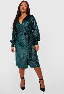 Plus Matte Sequin Wrap Midi Jurk, Green - 50