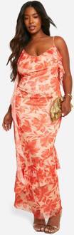 Plus Maxi-Jurk Met Bloemenprint En Ruches, Orange - 56