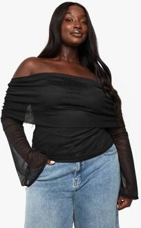 Plus Mesh Bardot Langmouwige Top, Black - 44