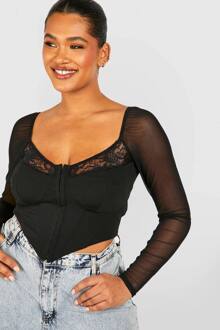 Plus Mesh- En Kantenkorset Top Met Haak-En-Oogsluiting, Black - 54