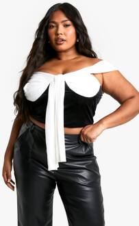 Plus Mesh En Velvet Tie Front Bardot Korset Top, Black - 50