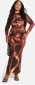 Plus Mesh Geraffelde Lange Mouw Kolom Maxi Jurk, Brown - 56