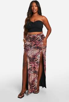 Plus Mesh Mixed Luipaardprint Maxi Rok Met Split Details, Multi - 54