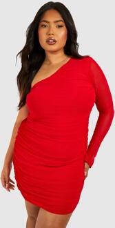 Plus Mesh One Shoulder Ruched Bodycon Dress, Red - 20