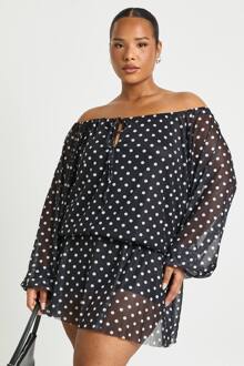 Plus Mesh Polka Drop Hem Mini Jurk, Black - 48